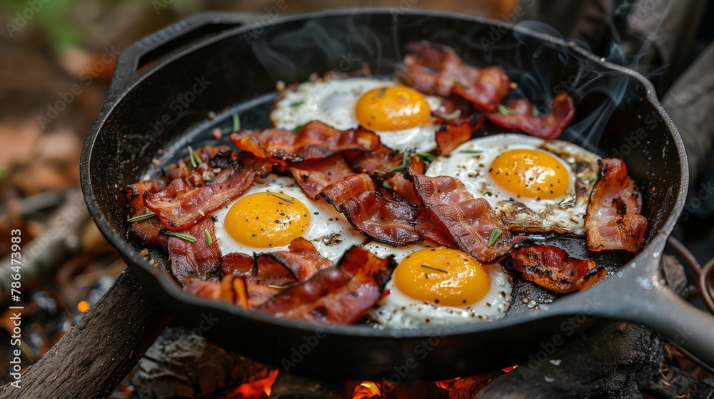 Crispy Bacon and Fried Eggs in Cast Iron Skillet Crispy Bacon and Fried Eggs in Cast Iron Skillet