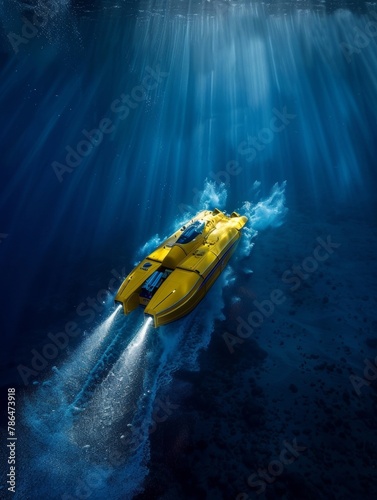A sleek, yellow underwater vehicle glides effortlessly through the azure depths, its advanced propulsion system and scientific instruments ready to gather invaluable data from mysterious ocean world. photo