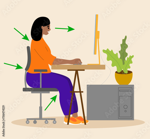 Right correct posture for sitting at computer desk. Right position. Good back, neck and legs poses of woman at workplace. Vector illustration