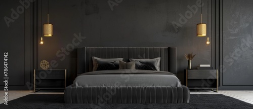 A lavish, all-black bedroom showcases an opulent, high-end design with a large, tufted headboard, plush bedding, and elegant gold-accented lighting fixtures creating an atmosphere of sophistication.