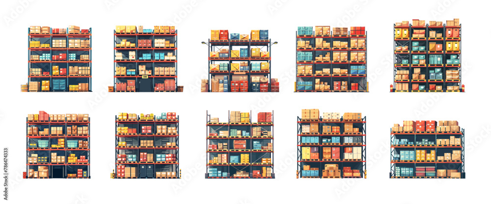 Fototapeta premium Racks warehouse cartoon vector act. Storage logistics goods pallets delivery distribution containers concepts isolated on white background