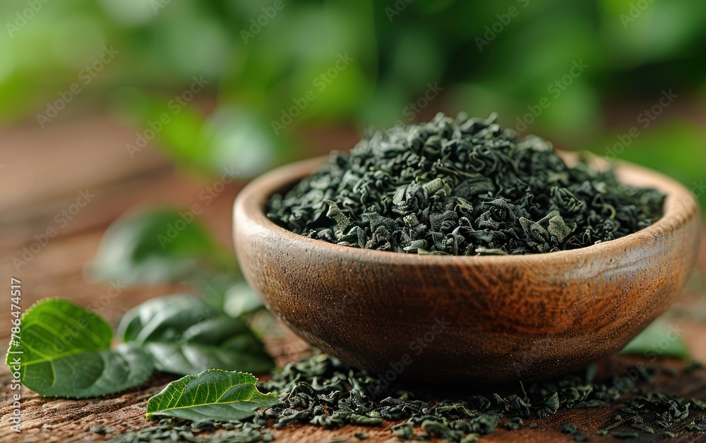 Green Tea Leaves in Ceramic Bowl