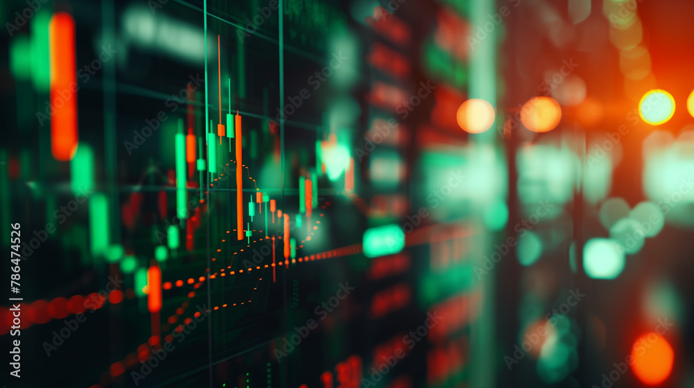 a dynamic financial chart on a digital screen, vibrant green and red ...