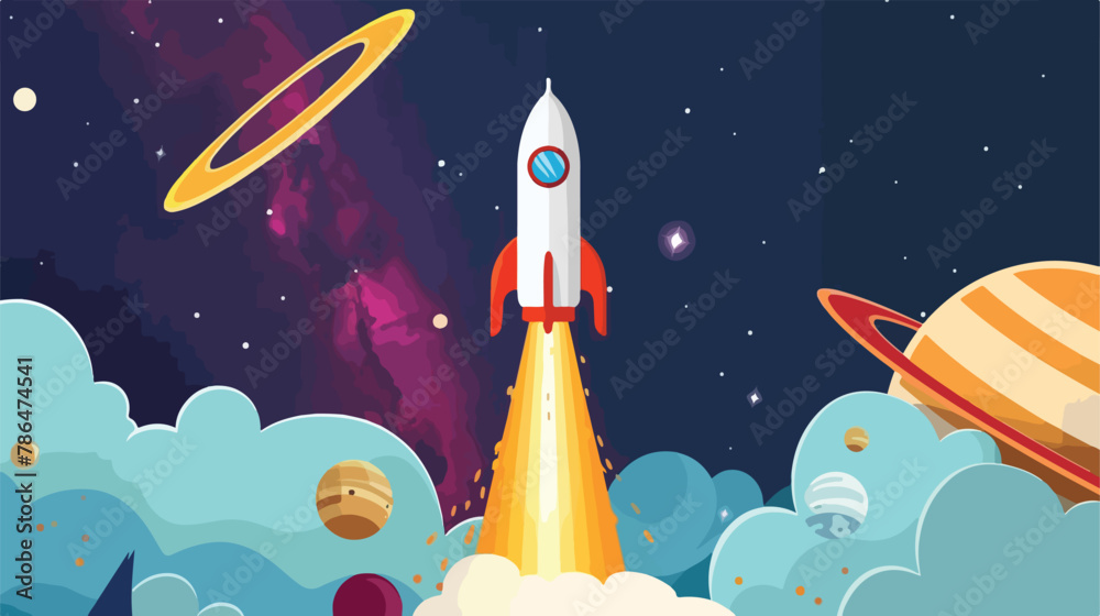 Cartoon space rocket leaving earth orbit and going in space