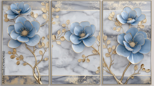 3-section wall painting prepared for room decoration and compositions, usable design for marble design. Examples of paintings for architectural interior design. Flowers pattern.