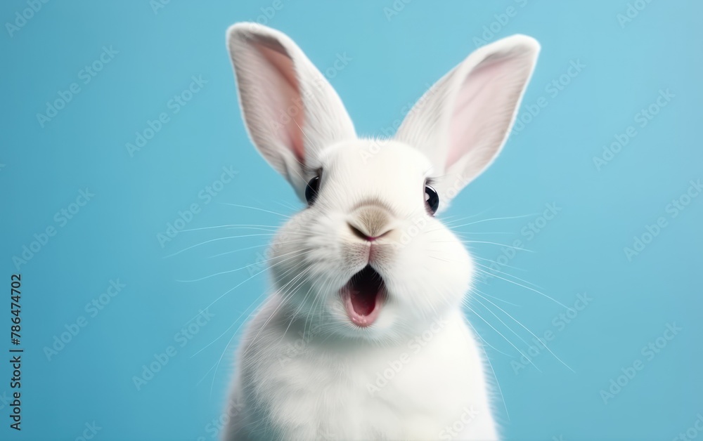 Surprised White Rabbit on Blue Background