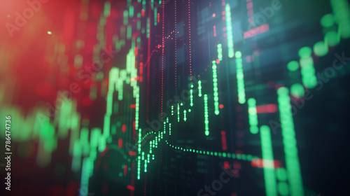 a dynamic financial chart on a digital screen, vibrant green and red lines indicating stock market trends. The screen glows softly in a dimly lit, modern office environment, Generative AI