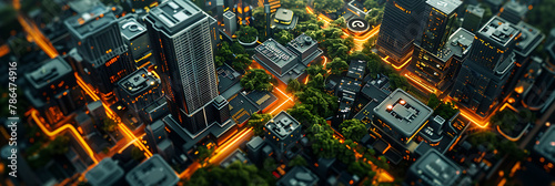 overhead view of a smart city adapting to changing environmental conditions, science and technology in action, realistic photography, copy space photo