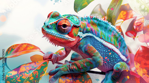A colorful chameleon is perched on a leaf. The image has a vibrant and lively mood, with the bright colors of the chameleon and the leaf creating a sense of energy and excitement
