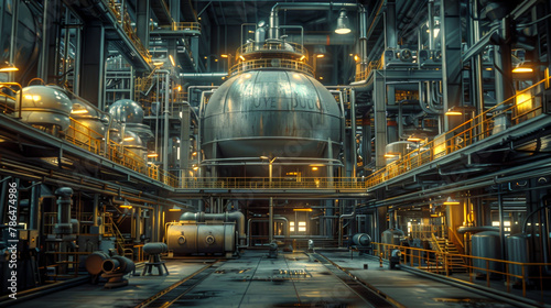 Futuristic industrial factory interior with large central tank and intricate piping under dim lighting