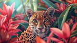 A leopard is in a jungle with red flowers. The image has a bright and lively mood
