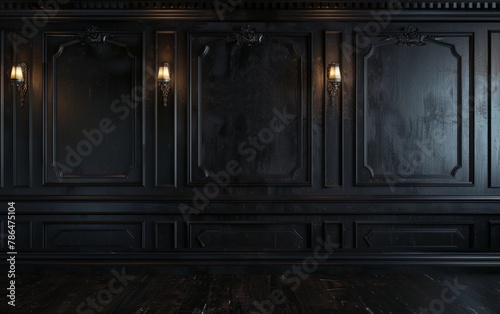 A grand and sophisticated dark wood paneled interior with ornate moldings, sconces, and recessed frames, creating a dramatic and high-end ambience. photo