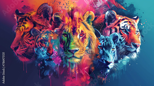 A colorful poster of five different animals, including a tiger and a lion, with a blue background photo