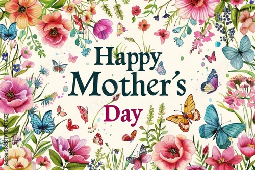 Happy Mother's Day message with vibrant flowers and butterflies, a heartwarming greeting card design