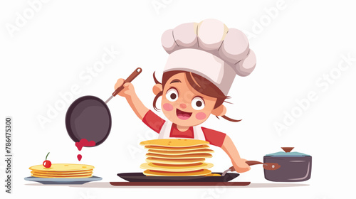 Chef girl kid cooking pancakes poster. Happy cook 