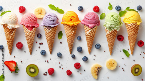 Top view of ice cream cones with different colors and fruit inside  white background  flat lay  in the style of different artists.
