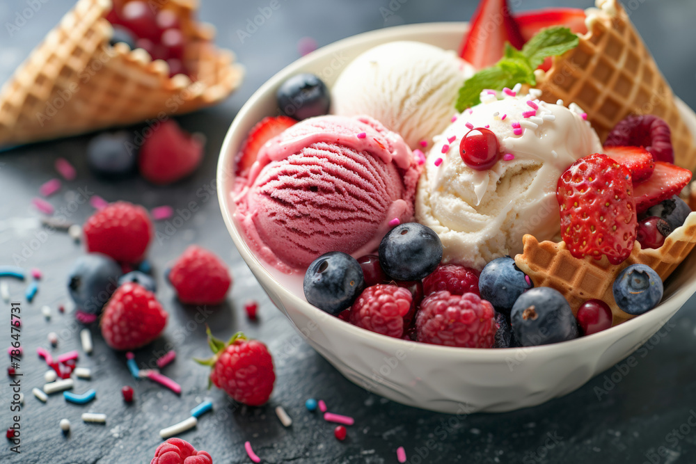 Vibrant mix of fresh berries and ice cream in a white bowl with waffle cones, on a grey stone table with sprinkles, in a closeup. summer background for menu or advertising design.
