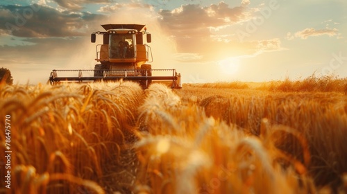 A dynamic shot of a farmer driving a combine harvester during a wheat harvest in a farm.