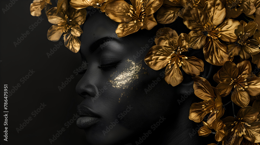 Golden elegance of a woman's face with flowers instead of hair on a black background banner, mental health awareness month concept.