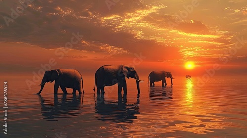 Elephant walking in the water at sunset. Elephant background. african wildlife. safari adventure