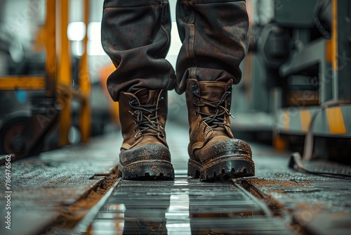 Worker wearing safety boots in industrial factory