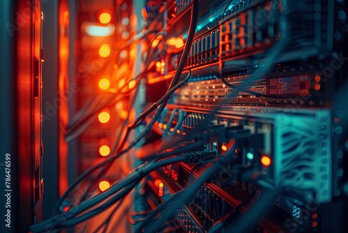 Internet cables and wires in a server room