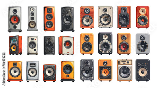 Sound speakers cartoon vector set. Studio professional parties concerts music listening devices illustrations isolated on white background