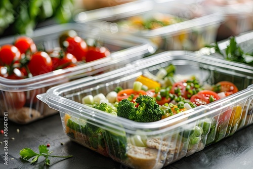 Prepared meals in plastic containers at a food counter