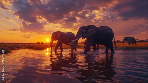 Elephant walking in the water at sunset. Elephant background. african wildlife. safari adventure