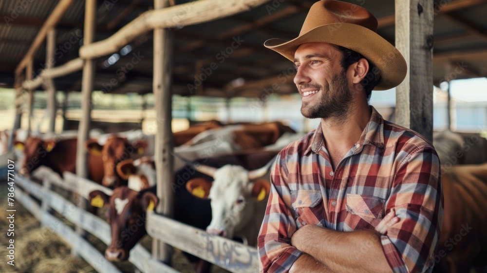 A young farmer confidently standing next to a herd of cattle in a rustic farm setting. 