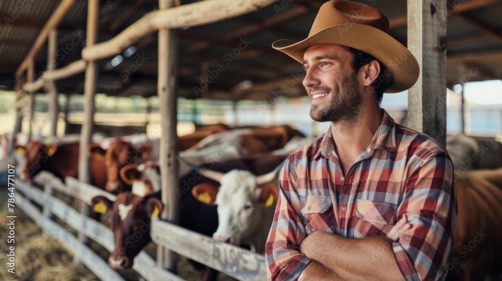 A young farmer confidently standing next to a herd of cattle in a rustic farm setting. A young farmer confidently standing next to a herd of cattle in a rustic farm setting.