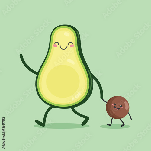 Cute cartoon character Avocado lead the baby seed by the hand. Flat style. Vector illustration