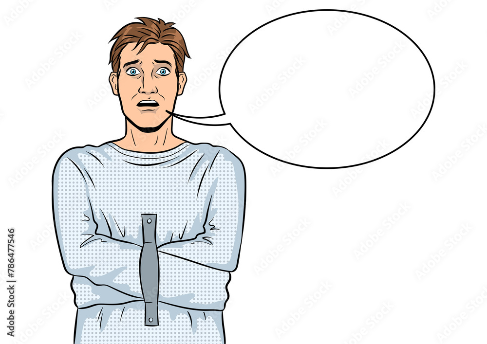 Man in straitjacket pop art retro PNG illustration. Text bubble. Comic book style imitation. Man in straitjacket pop art retro PNG illustration. Text bubble. Comic book style imitation.