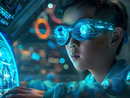 Bring to life the futuristic world seen through the lenses of a 12-year-old Asian boys smart glasses Showcase his potential and eagerness for what lies ahead, CG 3D rendering photo