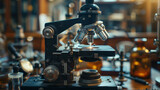Vintage microscope with adjustable lenses in a classic science laboratory setting, surrounded by glassware and warm lighting.