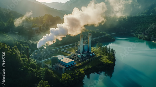Aerial view of a geothermal power plant nestled in a lush forest, with steam rising above a tranquil lake at dawn. #786477927
