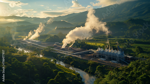Aerial view of a geothermal power plant nestled in a lush forest, with steam rising above a tranquil lake at dawn.