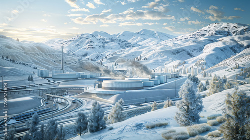 A nuclear power plant stands amidst a snowy mountain landscape, with steam rising in the cold air under a clear sky.