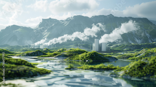 A modern, sustainable energy facility stands in harmony with the surrounding green landscape and mountainous backdrop.