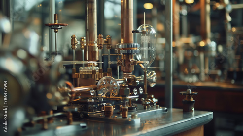 A close-up of intricate vintage machinery with brass components, showcasing engineering excellence in a workshop setting.