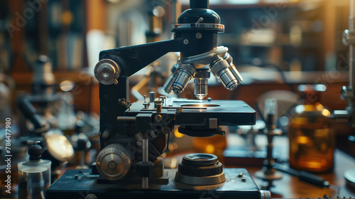 Vintage microscope with adjustable lenses in a classic science laboratory setting, surrounded by glassware and warm lighting. photo