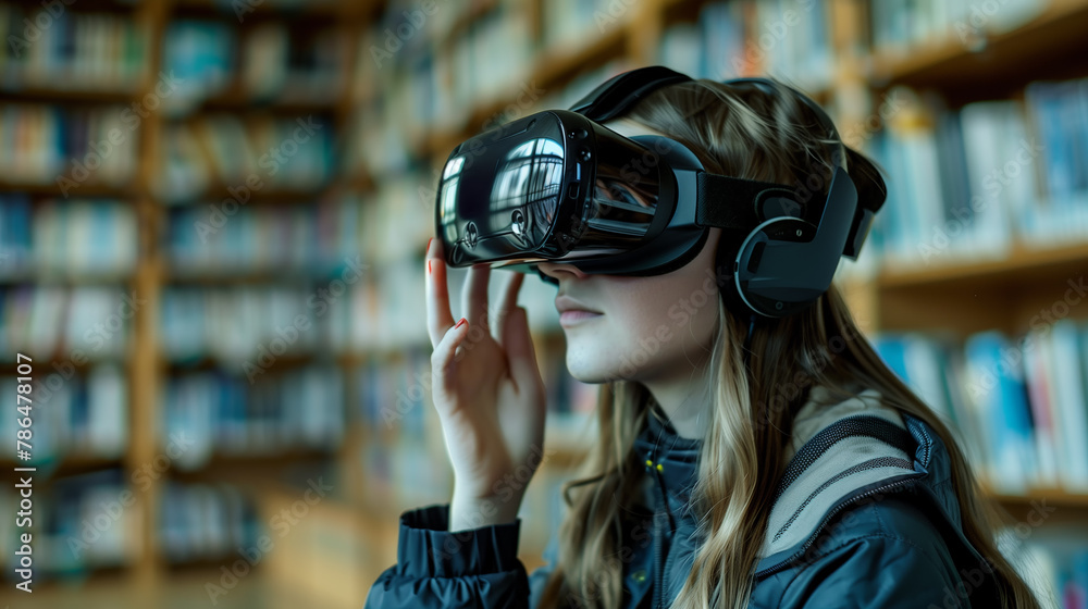 A young woman is engaged with a virtual reality headset, exploring a simulated environment, while in the knowledge-rich setting of a library. A young woman is engaged with a virtual reality headset, exploring a simulated environment, while in the knowledge-rich setting of a library.