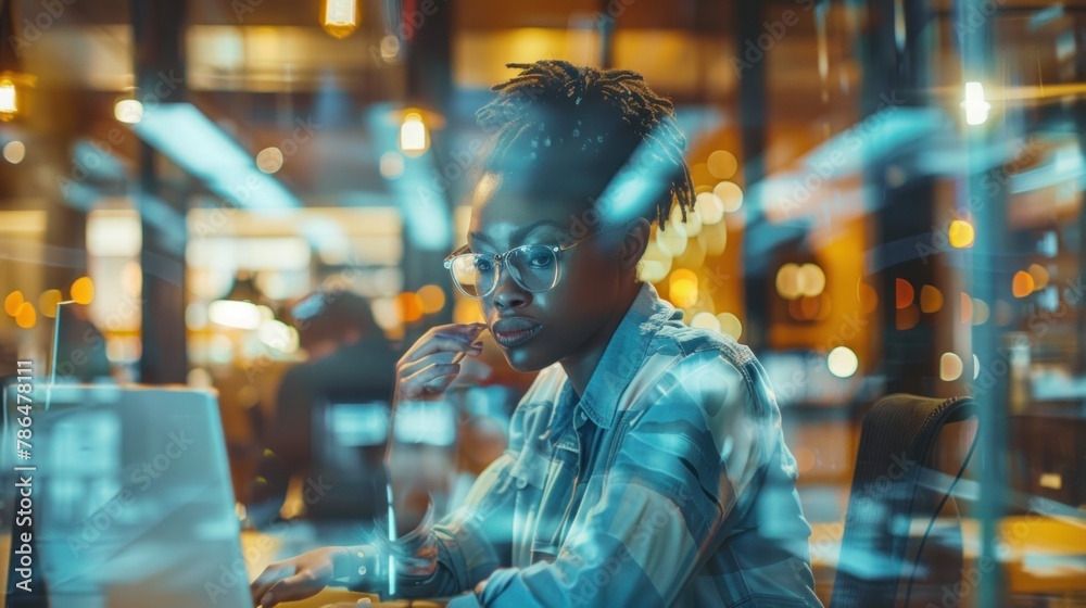 An office scene capturing the dynamic and innovative spirit of freelance professionals as they work on a variety of tasks, viewed through glass. An office scene capturing the dynamic and innovative spirit of freelance professionals as they work on a variety of tasks, viewed through glass.