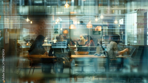 An office scene capturing the dynamic and innovative spirit of freelance professionals as they work on a variety of tasks, viewed through glass. 