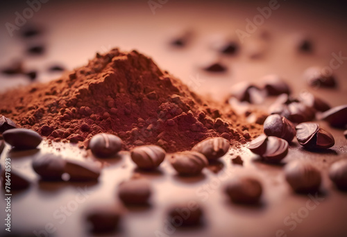 A close-up image of a pile of cocoa powder surrounded by scattered coffee beans on a warm-toned background. International Chocolate Day.