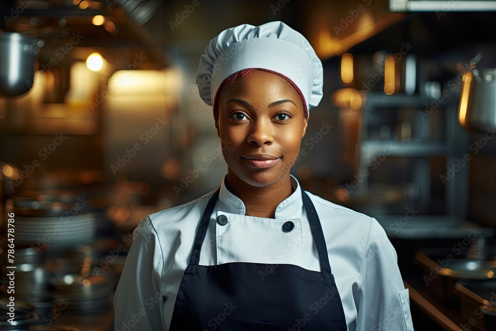 Portrait of a black female chef in commercial kitchen Portrait of a black female chef in commercial kitchen