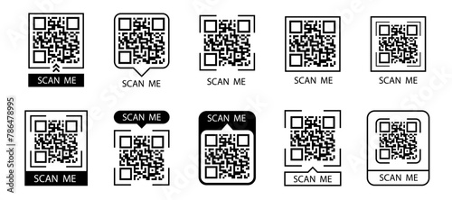 QR code set. Scan Me. Scan qr code icon. Template of frames for QR code with text - scan me. Vector illustration.