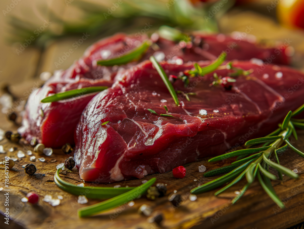 Raw steak cuts with fresh herbs on rustic wooden board