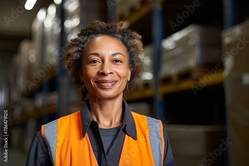 Portrait of a middle aged black female forklift worker in warehouse