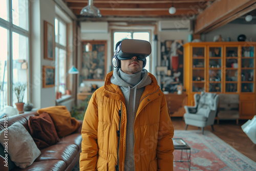 A shopper in an empty apartment wears a VR headset, virtually placing different styles of sofas and chairs around the room to try out various arrangements